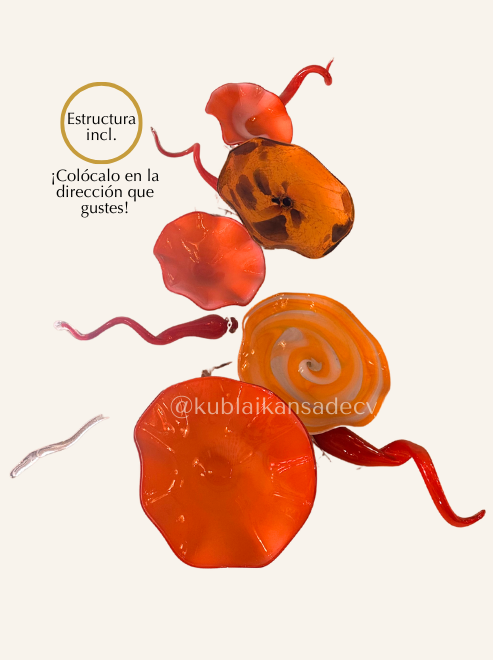 50 Mural decorativo herrería y platos de vidrio soplado - tonos cálidos / PIEZA UNICA